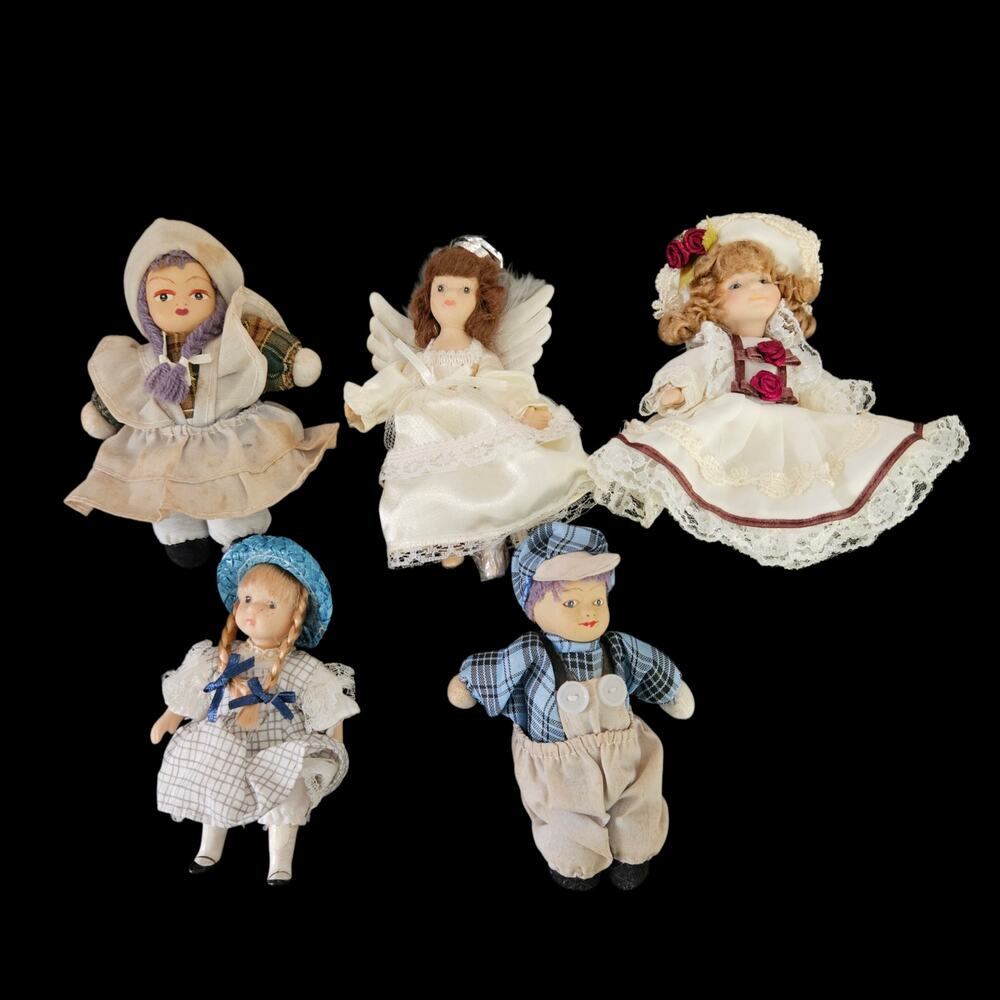 Vintage Mini Cloth Dolls Lot 5 Handmade Figurines Angel Boy Girl